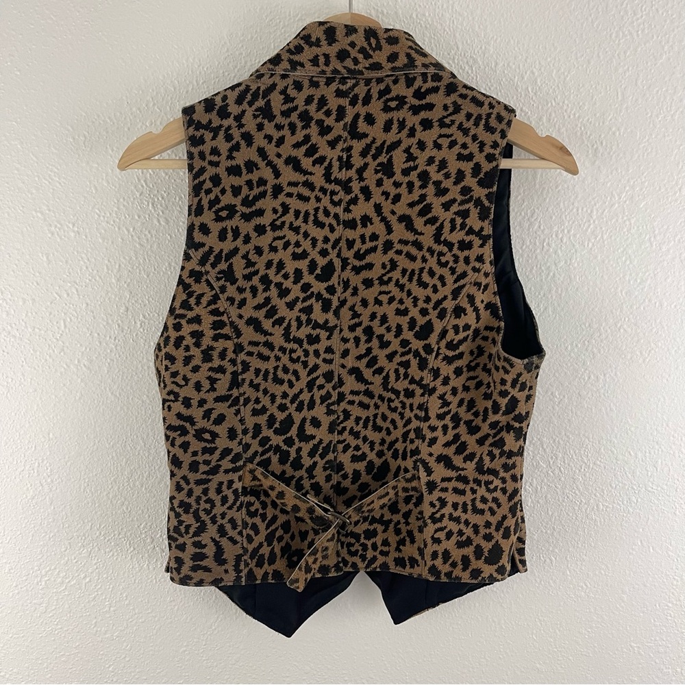 Vintage 90s Tan Black Suede Leather Cheetah Print V Neck Zip Up Biker Vest Top - Picture 7 of 10